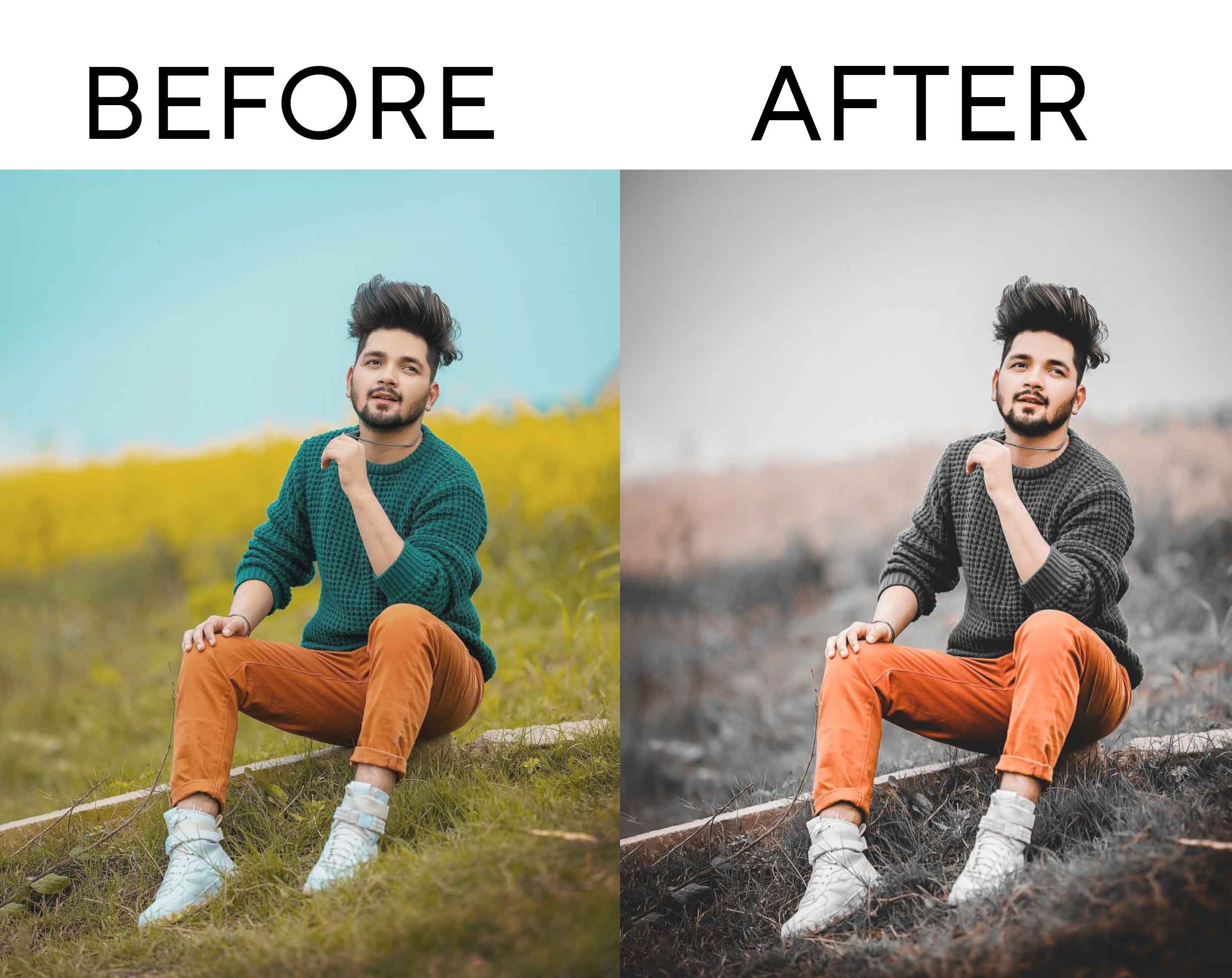 Before and after moody black preset