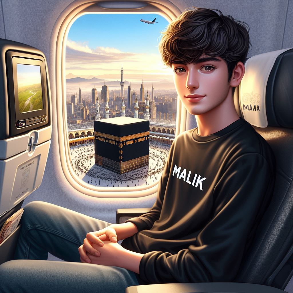 A realistic illustration 20 Year old boy sitting in a seat of plane in front of a window, wearing a black shirt with name “Malik” write on shirt, And outside the window is the Kaaba below and there is a beautiful view.