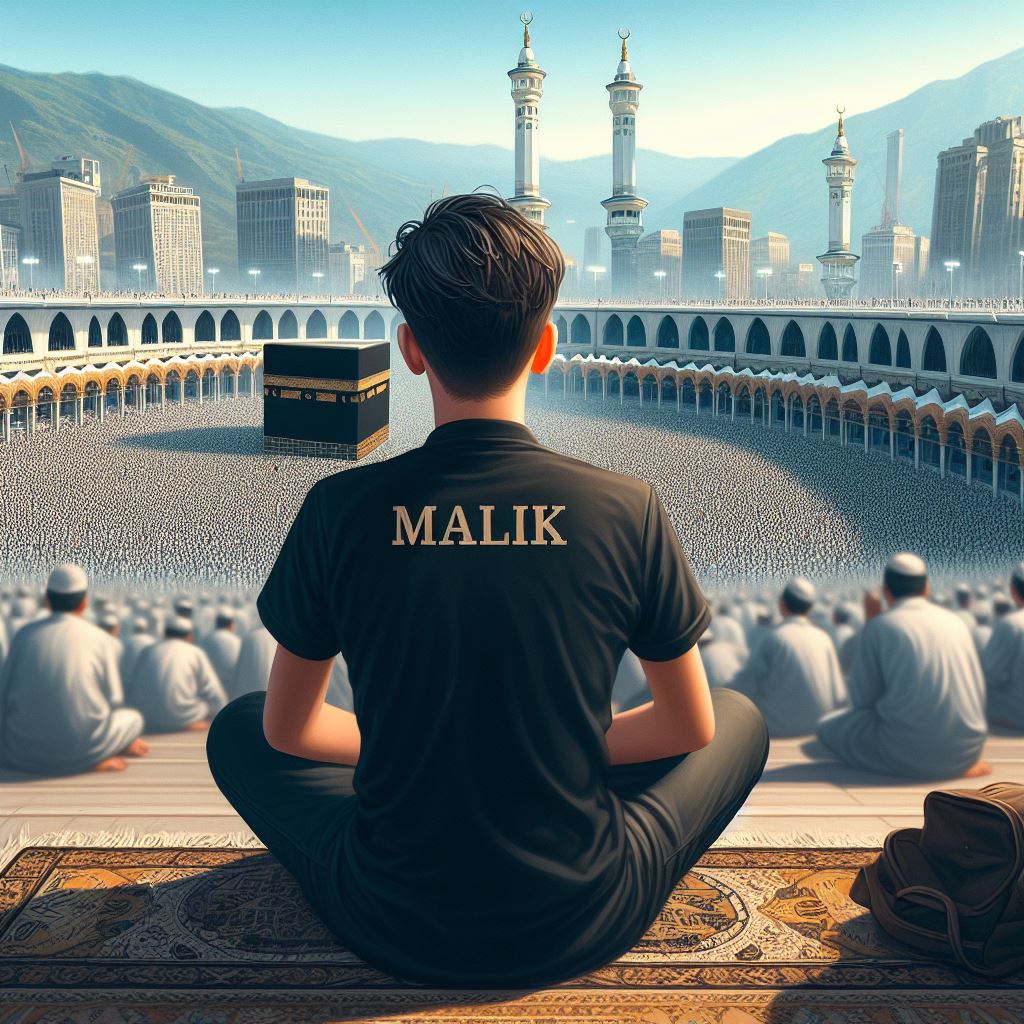 A realistic illustration 20 Year old boy sitting in a Floor of kaaba, wearing a black shirt with name “Malik” write on shirt, And back people doing han, the Kaaba below and there is a beautiful view.