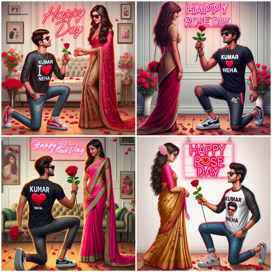 Create a realistic image of a 24-year-old boy giving a red rose to his girlfriend in a kneeled-down proposal style. He is wearing a T-shirt with “Kumar ❤️ Neha” written on it along with sneakers and sunglasses. The girl is wearing a beautiful saree and both are looking ahead. The room is decorated with roses and “Happy Rose Day” is written on a neon signboard in the background.