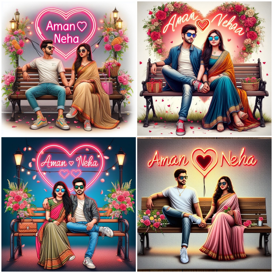 Create a realistic picture of a 22-year beautiful couple sitting on a bench holding each other’s hands. The boy is wearing a T-shirt, sneakers and sunglasses, and the girl is wearing a saree and sunglasses. Write the name “Aman ❤️ Neha” on the background in a heart-shaped neon signboard along with decorations of flowers, roses and balloons.
