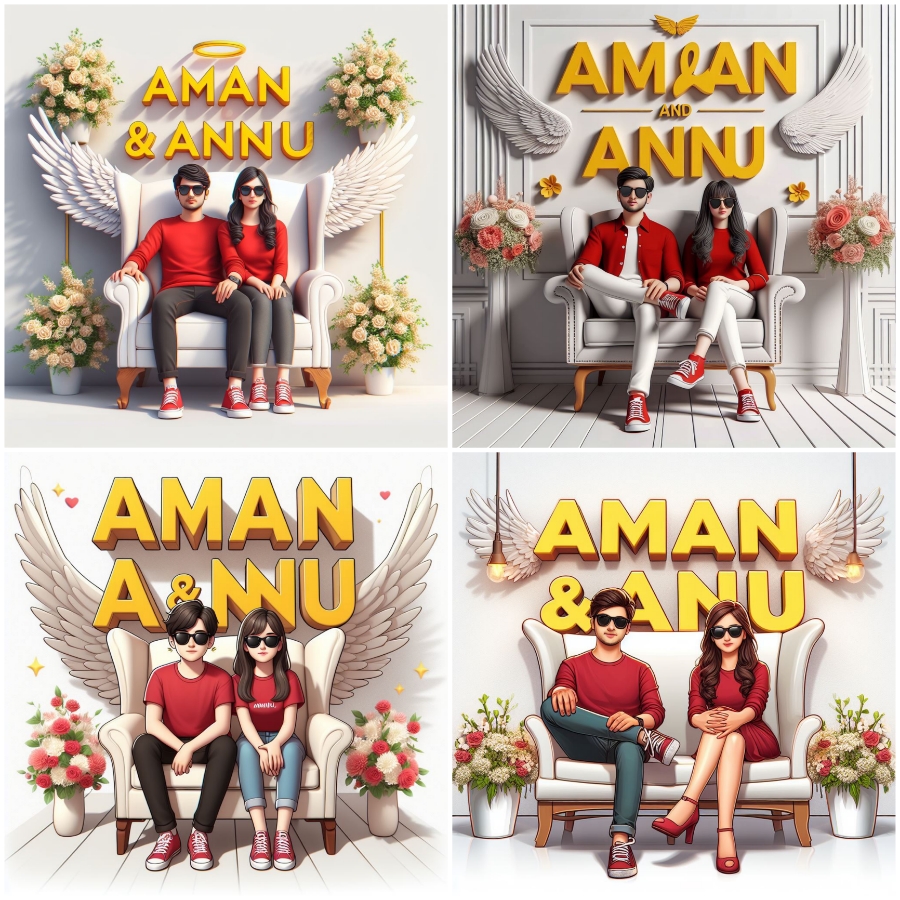 Create a 3D illusion for a profile picture where a 21-year-old cute couple in red casual wearing and sunglasses sitting comfortably on a wingback chair, with “Aman and Annu” written in big and bold yellow letters on a white-lit wall at the back. There should also be beautiful flowers, no shadows, and wings added to show that he or she is an angel.