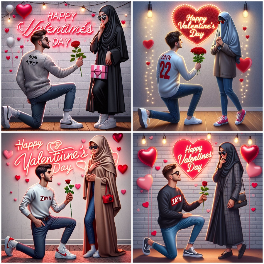 Create a realistic picture of a 22-year-old beautiful young couple celebrating Valentine’s Day looking ahead. The boy is proposing to the girl with a red rose in a kneeled-down position. The boy wearing modern casual dress including sneakers and the girl wearing muslim burkha sunglasses. Write the name “Zayn” on the boy’s shirt. The wall behind them is decorated with lights and heart-shaped balloons and “Happy Valentine’s Day” is written on a neon light signboard.